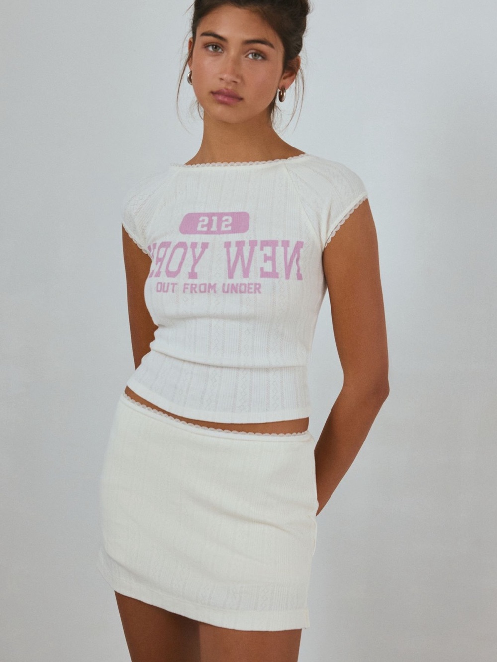 Urban Outfitters White Ribbed Crop Top with Pink 'New York' Graphic